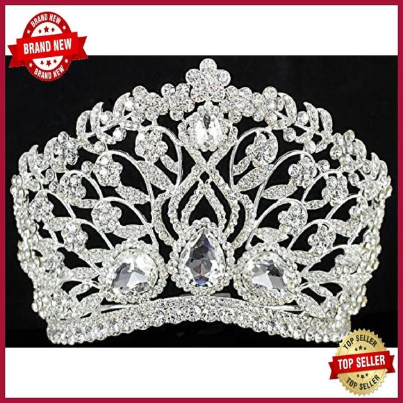 Large Floral Rhinestone Tiara Crown with Hair Comb Headband main image 5